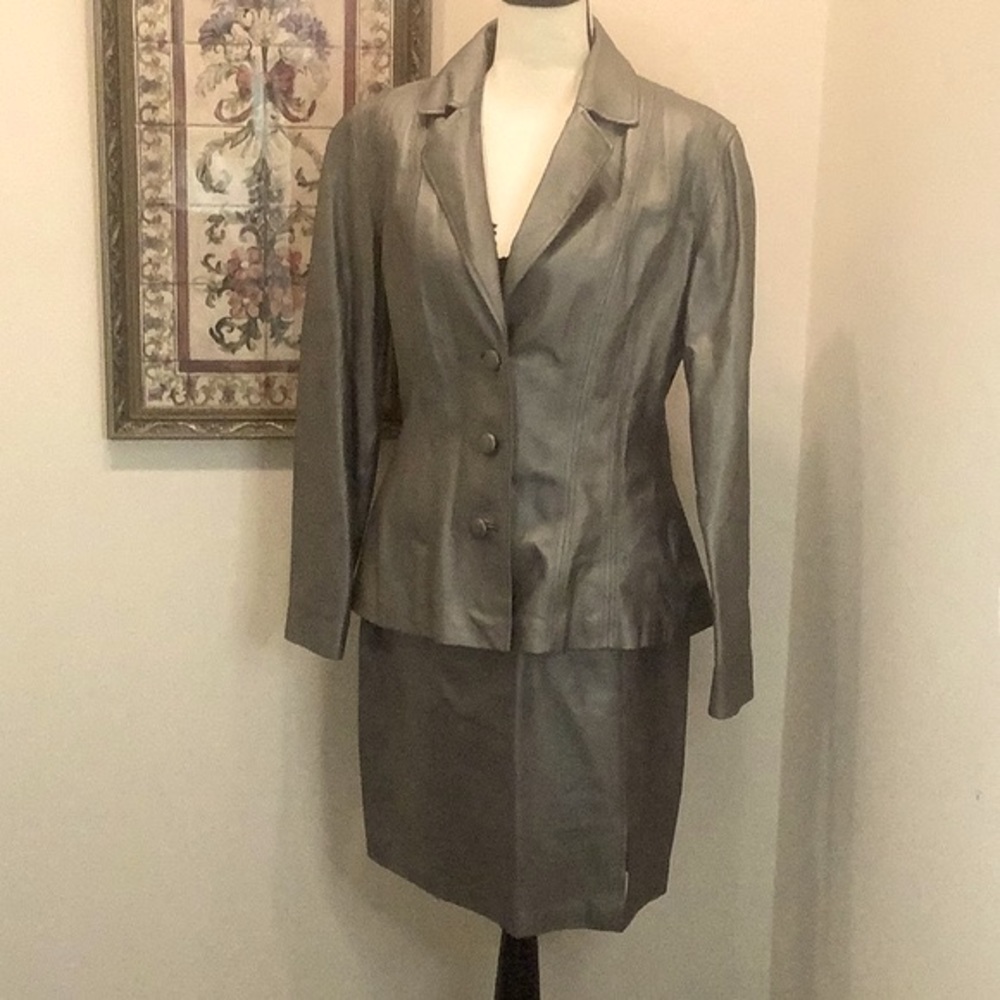 David Benjamin leather Jacket and Skirt. Pewter color. Size 8.